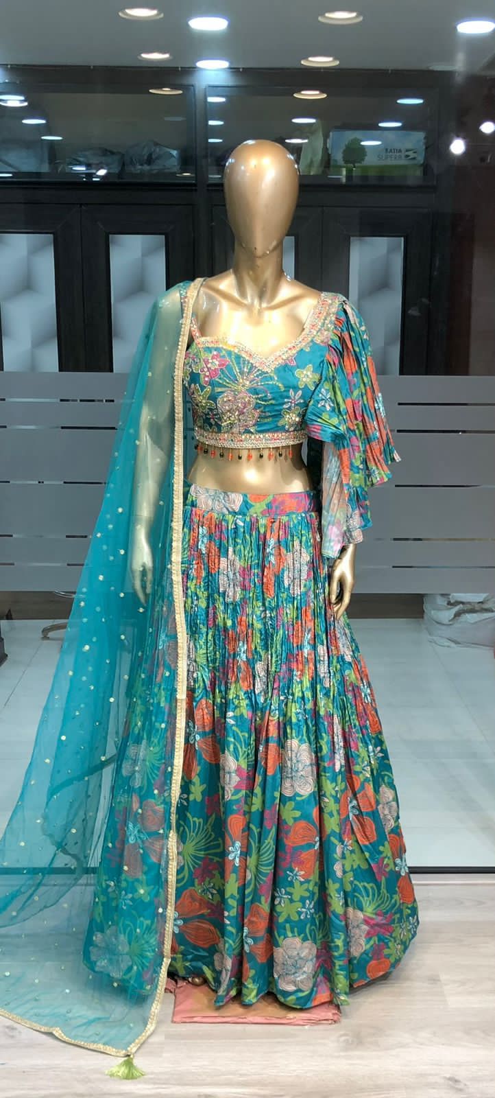 Modern Teal Floral Print Lehenga Choli Set | Indo-Western Pleated Wedding Outfit | Contemporary Mehendi & Sangeet Dress