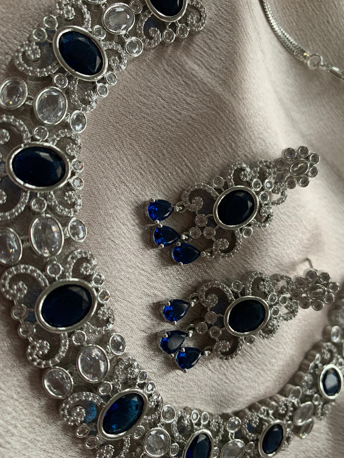 Blue & Silver American Diamond Necklace Set