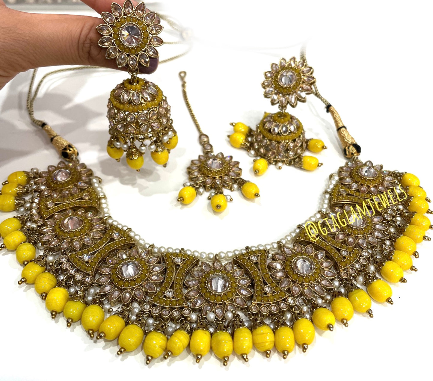 Polki Necklace Set with Jhumkas & Tikka image 0