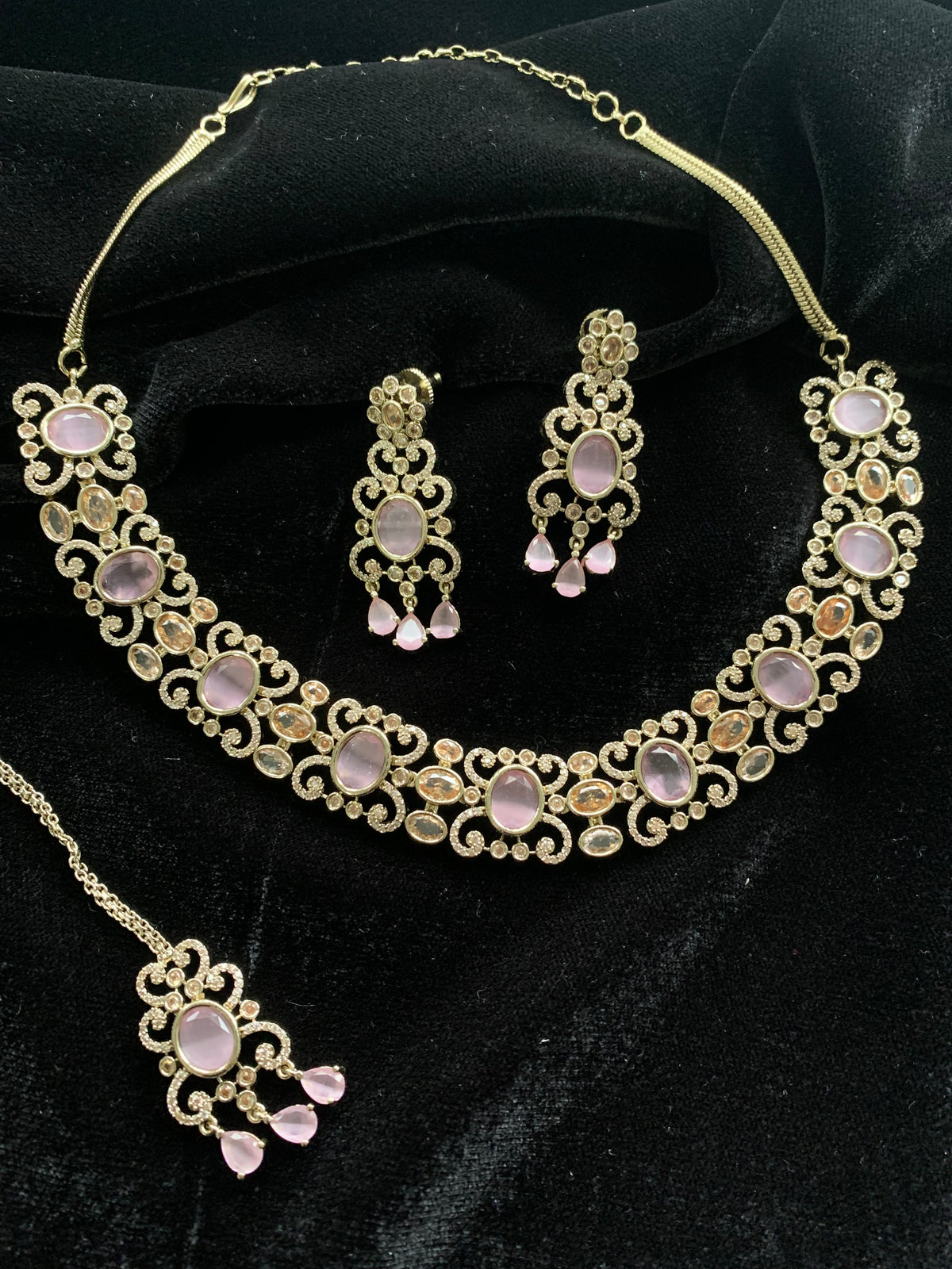 Pink American Diamond Necklace Set