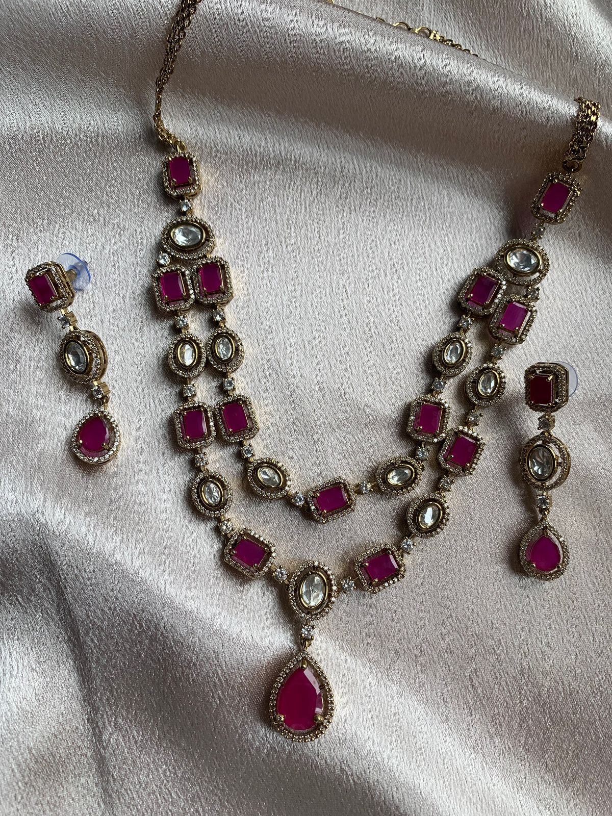 Hot Pink Double Layered Uncut Kundan Necklace Set