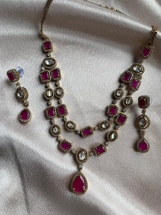Hot Pink Double Layered Uncut Kundan Necklace Set