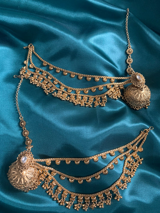Premium Gold Jhumka with Over the Ear Sahare & Detachable Sahare
