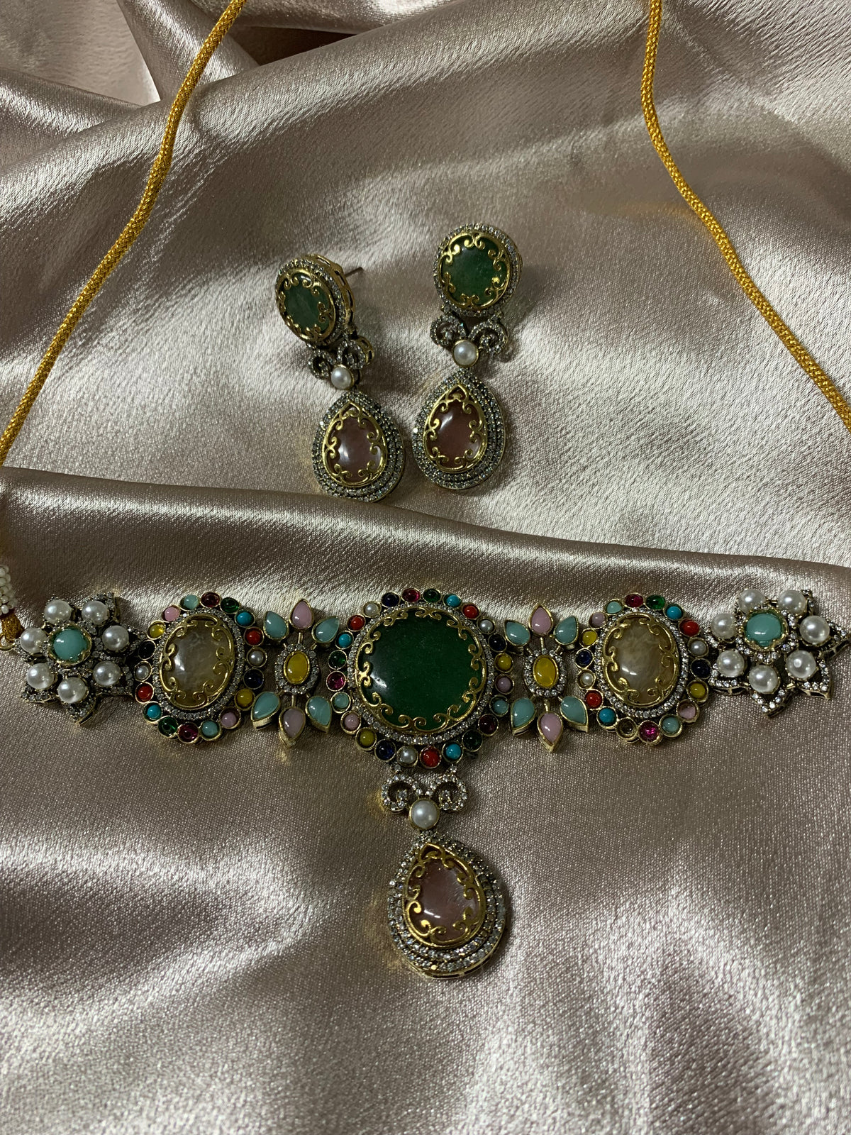 Sabyasachi-Inspired Multicolour Green Statement Choker Set