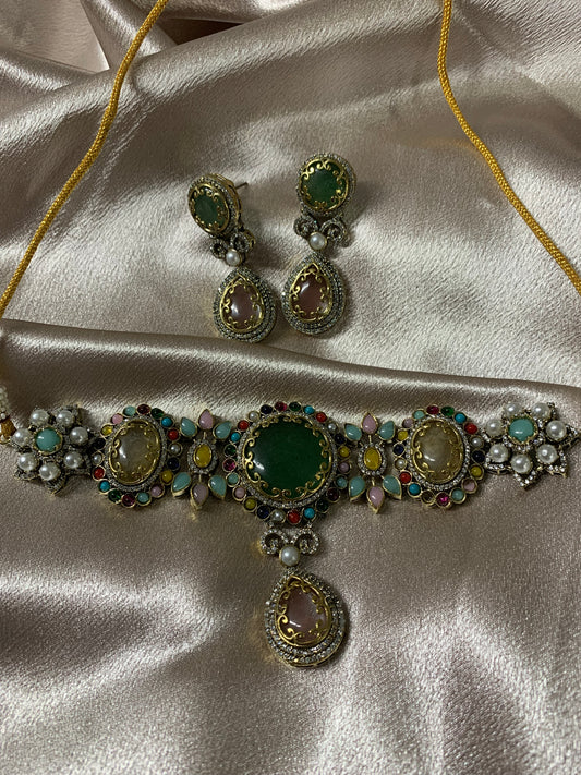 Sabyasachi-Inspired Multicolour Green Statement Choker Set