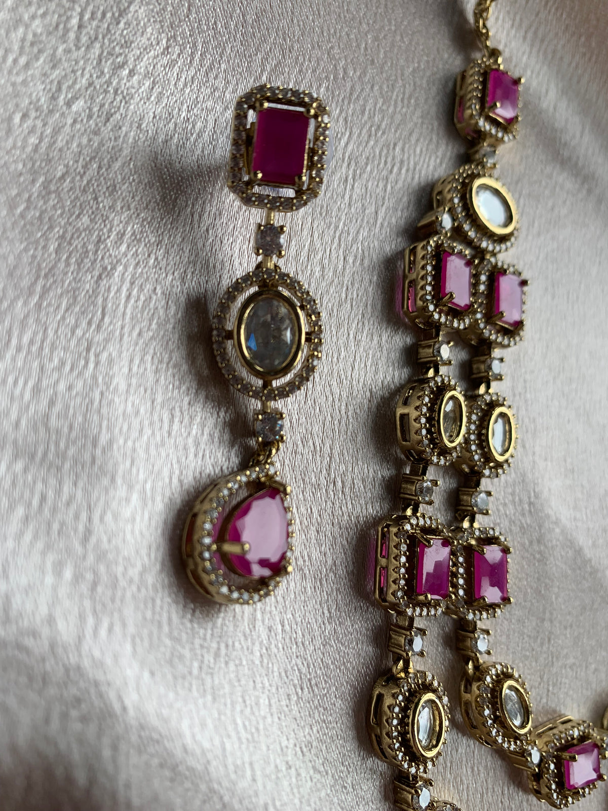 Hot Pink Double Layered Uncut Kundan Necklace Set