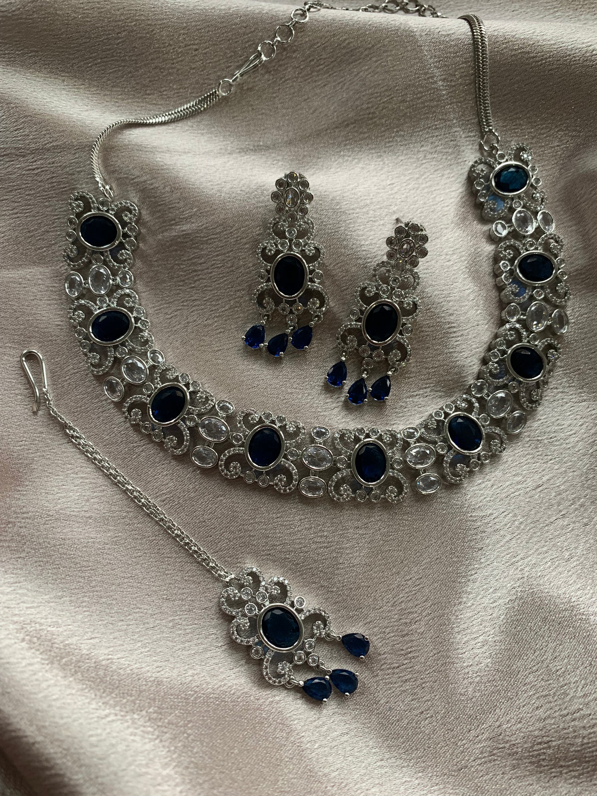Blue & Silver American Diamond Necklace Set