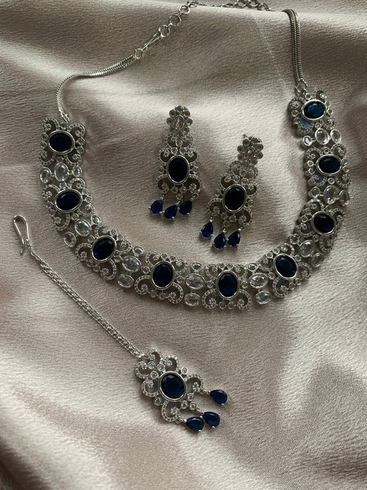 Blue & Silver American Diamond Necklace Set