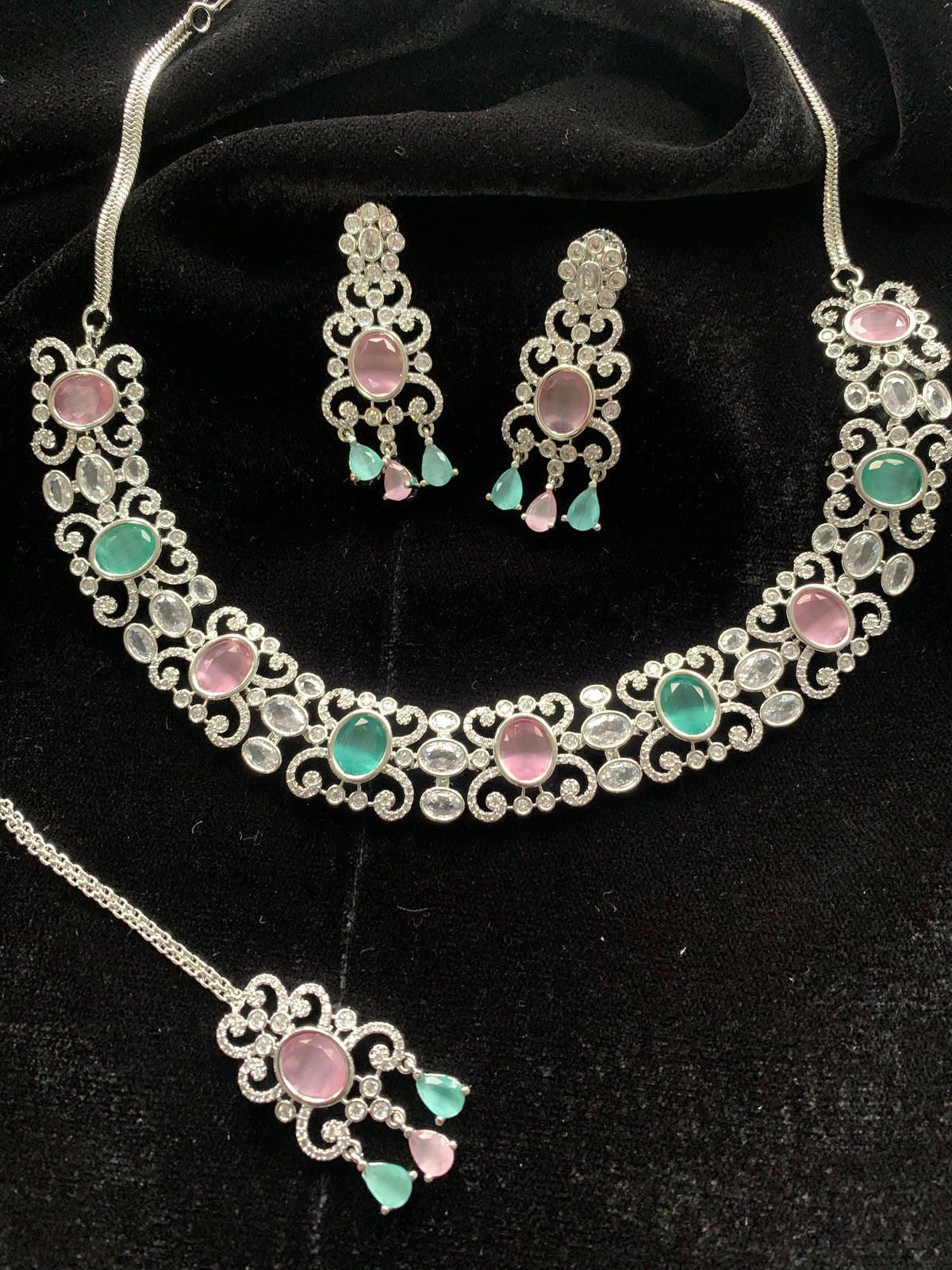 Silver Mint/Pink American Diamond Necklace Set