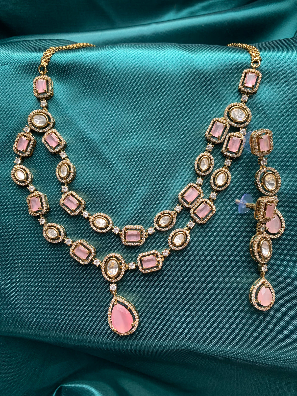 Pink Uncut Kundan Double Layered Necklace Set